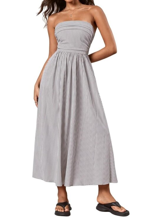 Dresses & Skirts - Striped Strapless Maxi Dress - Summer Casual Tube Top with Pockets, Perfect for
